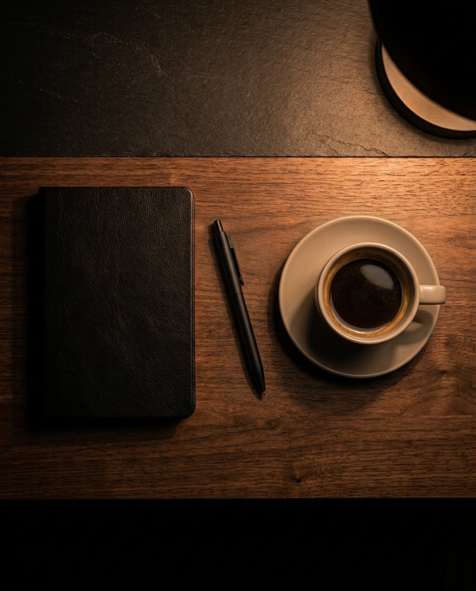 Draufsicht auf einen Schreibtisch bei Zenker Design mit geschlossenem Notizbuch, Stift und Kaffee